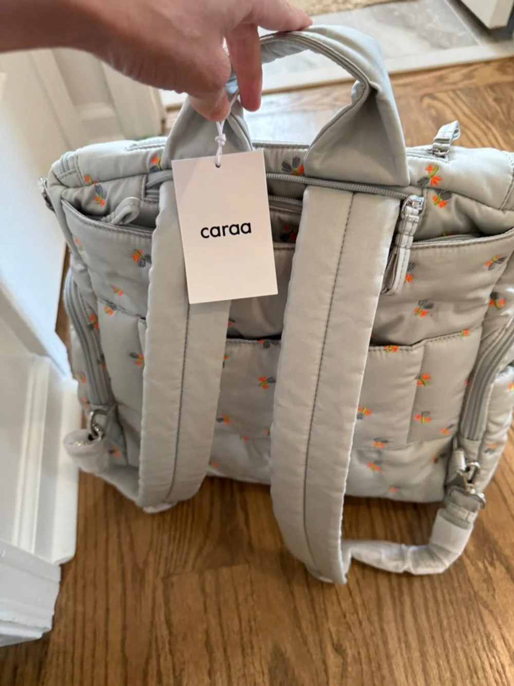 caraa Light Gray Quilted Baby Bag with Orange Floral Embroidery